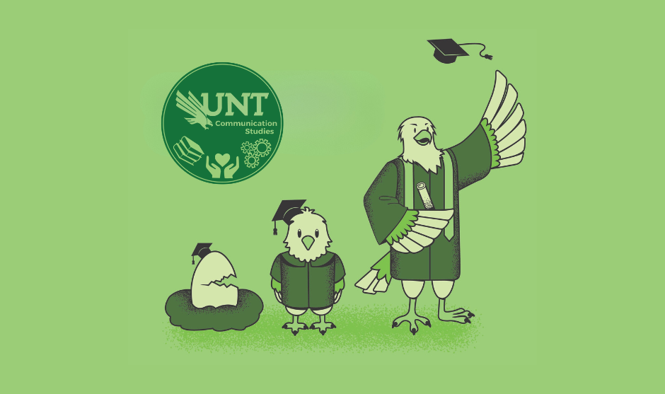 UNT Eagle hatching into graduation robes and throwing cap with UNT COMM logo in background