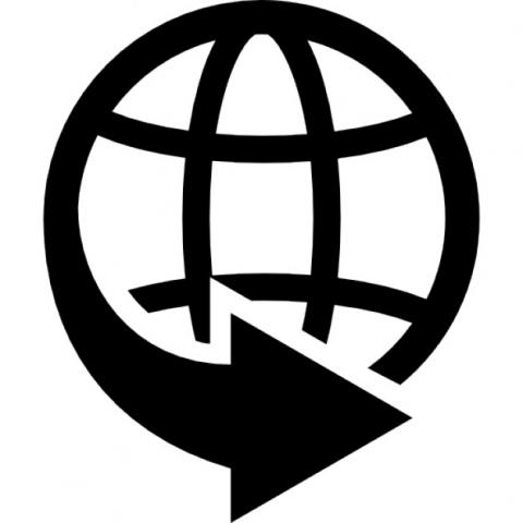 Stylized globe with an arrow pointing right at the bottom